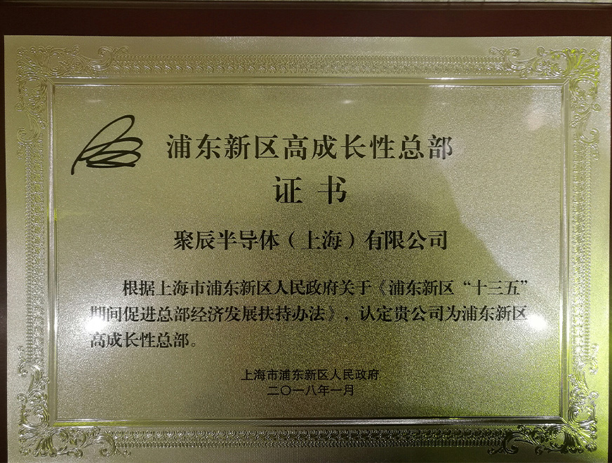  2018年聚辰被浦東新區(qū)人民政府認(rèn)定為“浦東新區(qū)高成長性總部”